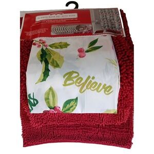 15 Piece Bath Set Christmas Curtain Rugs Hooks Holiday Pretty Berries Decor